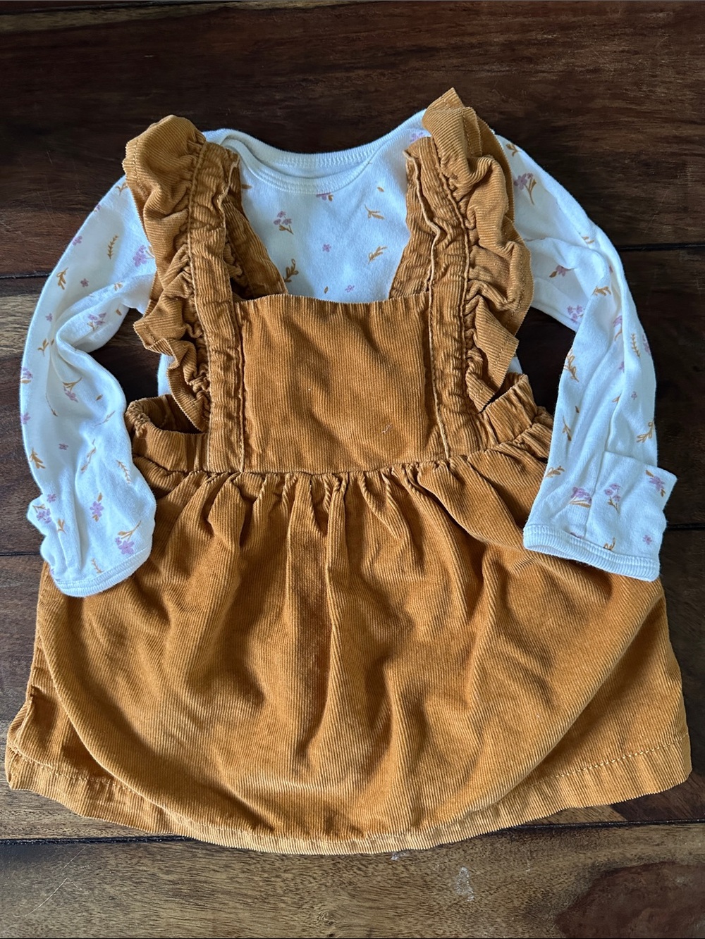 Mustard Corduroy Ruffle Dress with Floral Long Sleeve Onesie - 3M